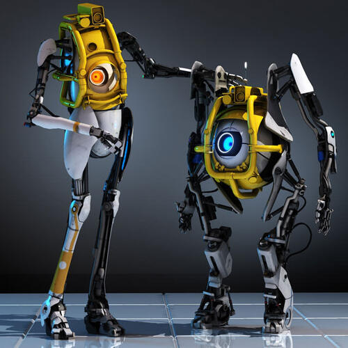 Два робота из Portal 2 в особой одежде - в защитных костюмах из жёлтых труб